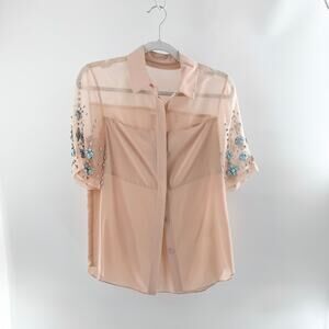NWOT Rebecca Taylor 100% Silk Embellished Short Sleeve Blouse Peach Women's 4